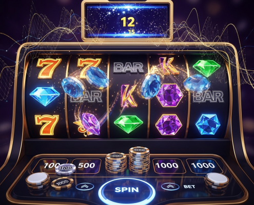 Vibrant online slot machine interface with activated bonus features, virtual chips, and abstract strategic overlays, representing how casino bonuses influence slot strategy.