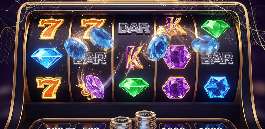 Vibrant online slot machine interface with activated bonus features, virtual chips, and abstract strategic overlays, representing how casino bonuses influence slot strategy.