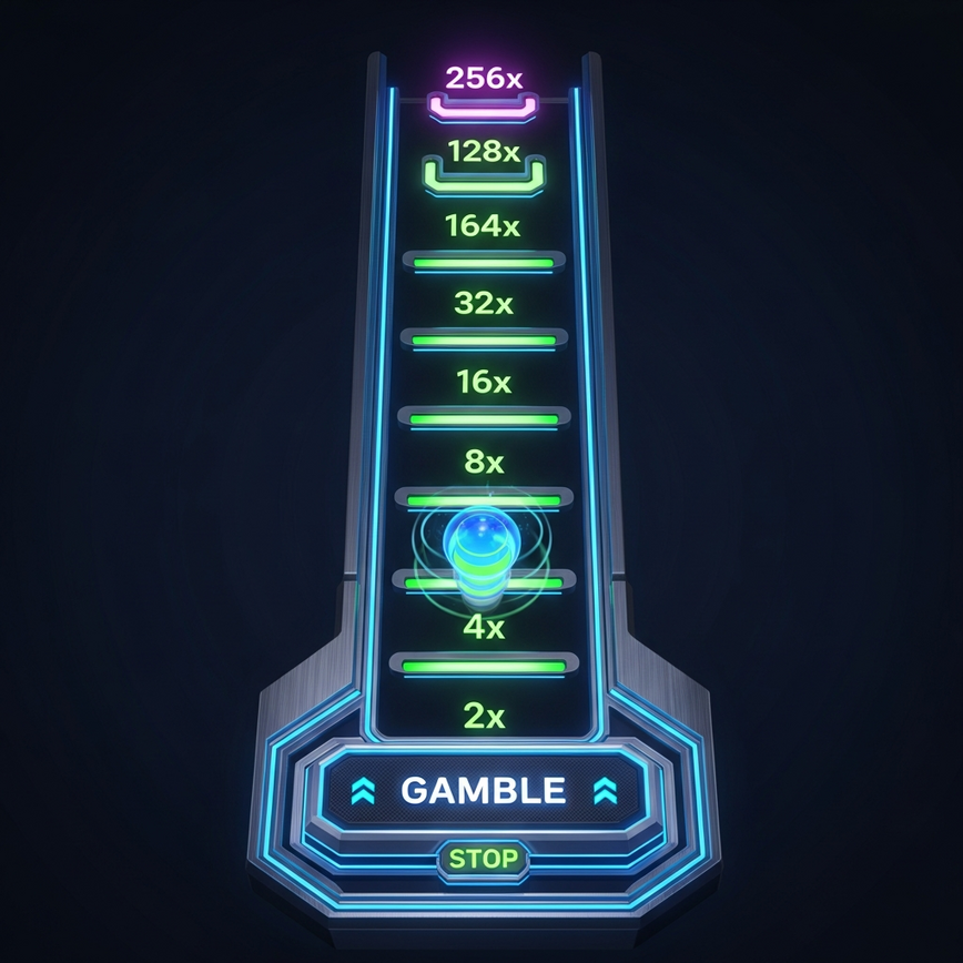 展示‘阶梯式翻倍’功能，玩家尝试攀登风险阶梯以获得更高的乘数。