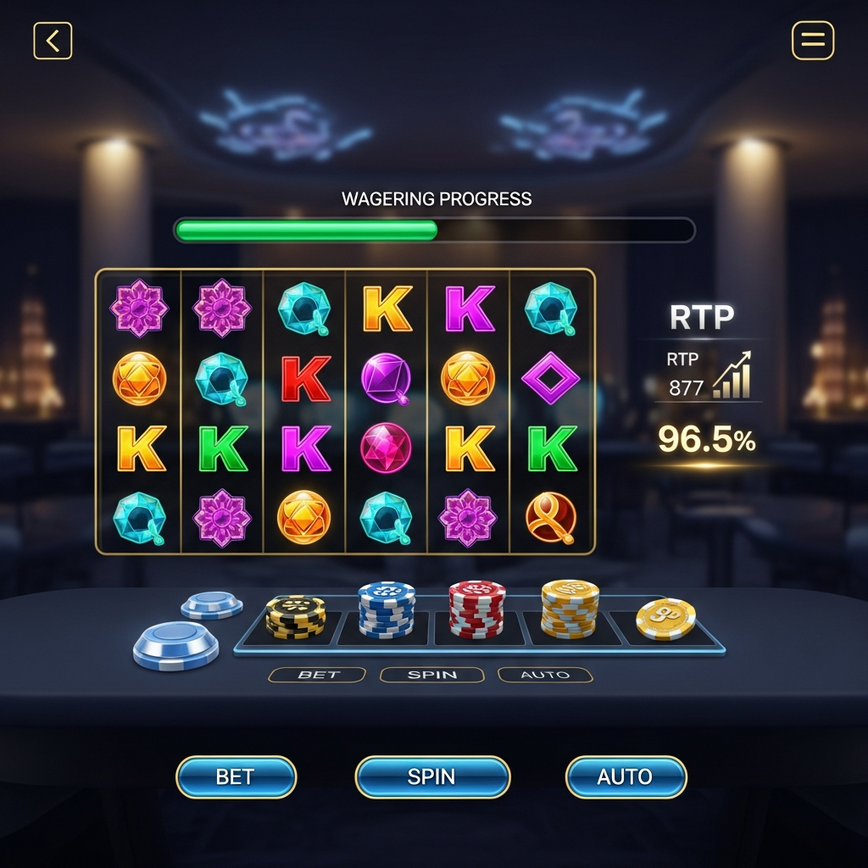 To visually represent the concepts of wagering requirements and Return to Player (RTP) within an online slot game context, showing progress towards bonus completion.