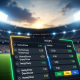 Dynamic online sports betting interface showing Half-Time/Full-Time football betting options and high odds, with a blurred, vibrant football stadium in the background, conveying strategic high-stakes gaming.