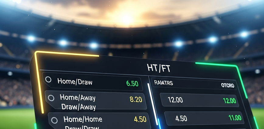 Dynamic online sports betting interface showing Half-Time/Full-Time football betting options and high odds, with a blurred, vibrant football stadium in the background, conveying strategic high-stakes gaming.