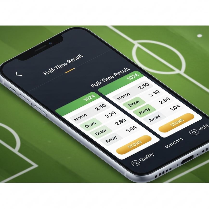 Illustrates the core concept of Half-Time/Full-Time betting by visually separating the half-time and full-time outcomes on a betting interface.