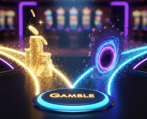 Vibrant online slot machine interface with a prominent, glowing 'Gamble' button, symbolizing the risk versus reward decision in casino gaming, set against a luxurious virtual casino backdrop.