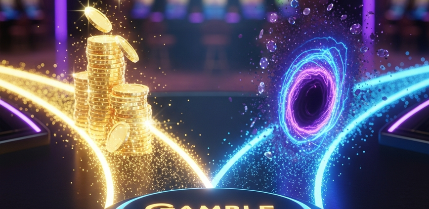 Vibrant online slot machine interface with a prominent, glowing 'Gamble' button, symbolizing the risk versus reward decision in casino gaming, set against a luxurious virtual casino backdrop.