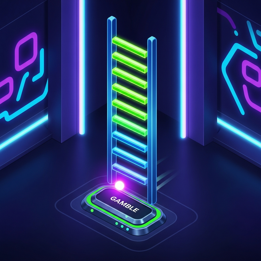 Illustrates the 'Ladder Gamble' feature, where players attempt to climb a risk ladder for higher multipliers, as described in the article.