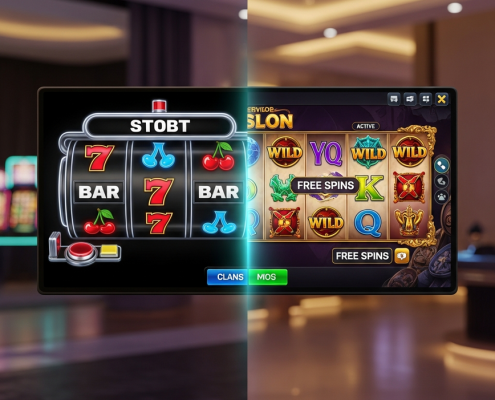 A visual comparison of a classic 3-reel fruit slot on the left and a modern 5-reel video slot on the right, highlighting their contrasting designs and features on an online casino platform.