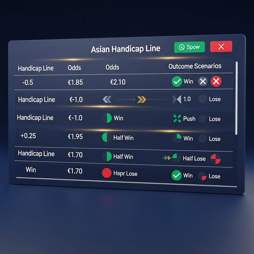 Illustrates the concept of Asian Handicap betting, particularly the 'push' and half-goal lines, within a clear sports betting interface.