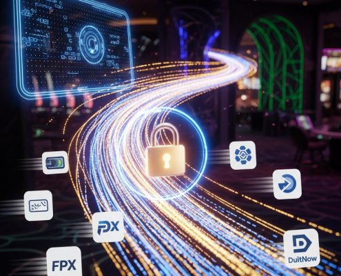 Dynamic digital art showing a fast and secure online casino payout process with glowing data streams connecting a gaming platform to various Malaysian payment method icons, featuring a prominent security padlock.