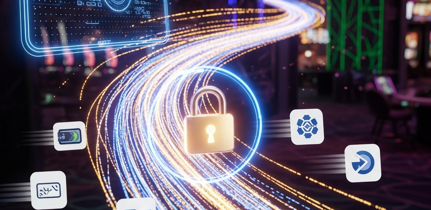 Dynamic digital art showing a fast and secure online casino payout process with glowing data streams connecting a gaming platform to various Malaysian payment method icons, featuring a prominent security padlock.