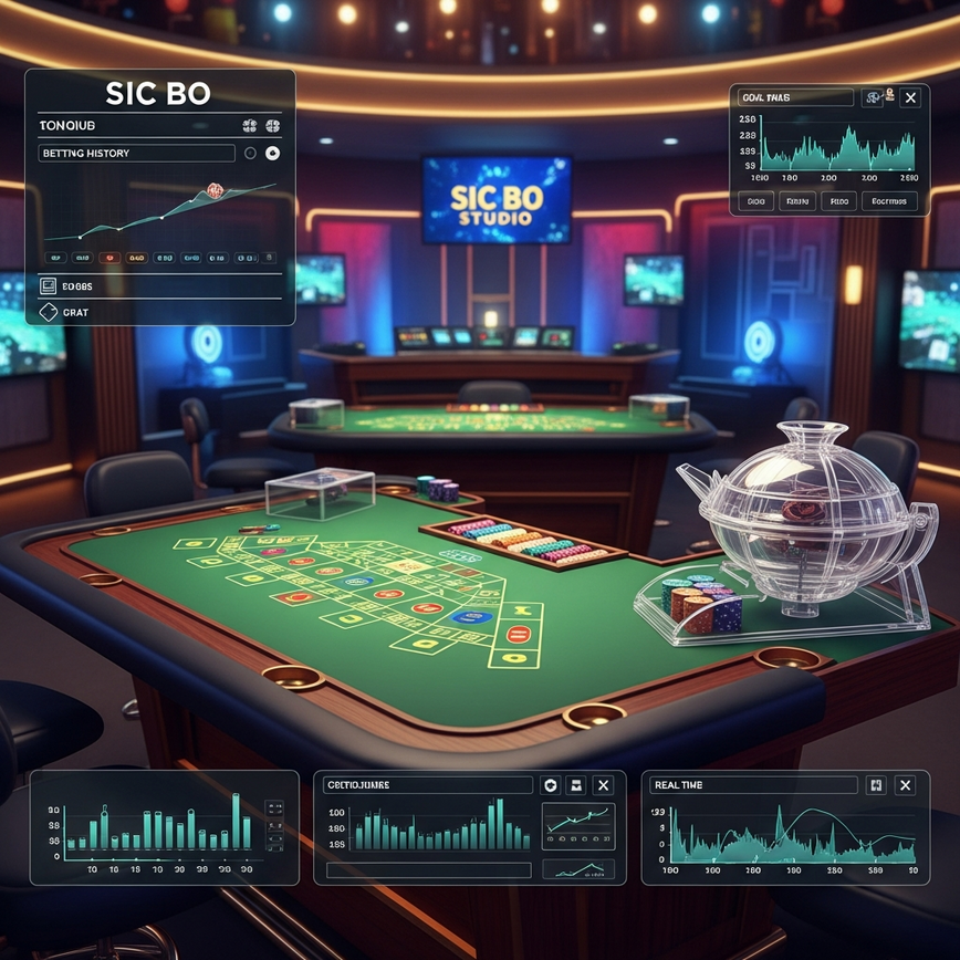 To depict the immersive and professional environment of a live online Sic Bo gaming experience, emphasizing technology and security.