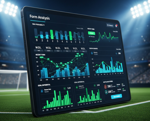 High-tech digital dashboard displaying football form analysis with interactive charts, match results, and team statistics, set against a blurred football stadium background, representing strategic sports betting.