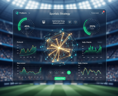 High-tech sports betting interface showing abstract data, optimal bet sizing, and bankroll growth strategy, representing the Kelly Criterion.