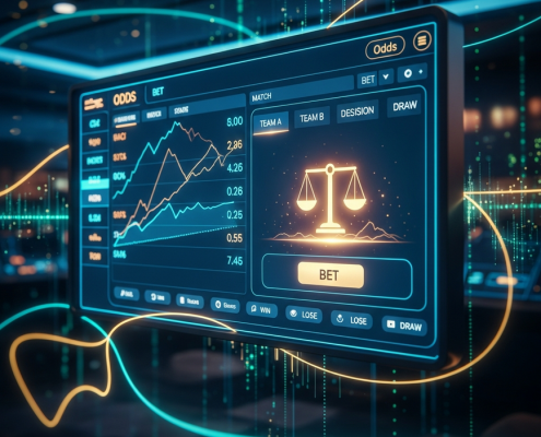 A modern sports betting interface displaying dynamic odds and game information, with subtle visual cues for strategic decision-making, set against a high-tech, luxurious backdrop, representing informed betting choices.