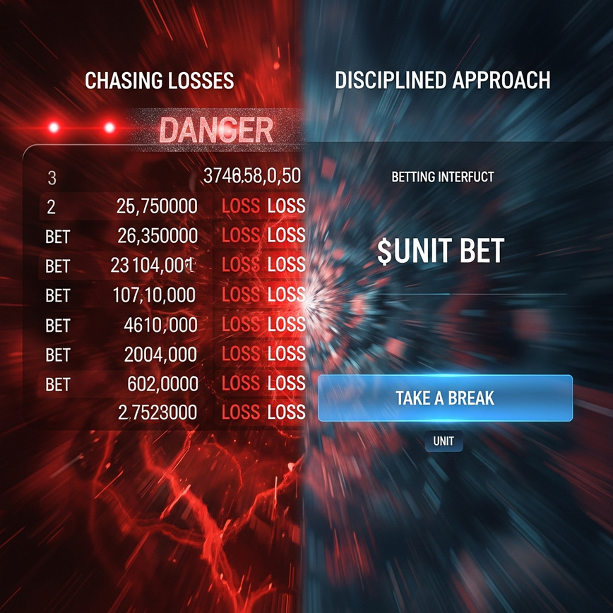 Depicts the emotional trap of chasing losses, contrasting impulsive, escalating bets with a calm, strategic approach, highlighting the dangers of uncontrolled betting.