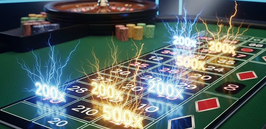 Electrified Lightning Roulette betting grid showing glowing multipliers like 200x and 500x, with a roulette wheel in the background, set in a premium live casino studio.