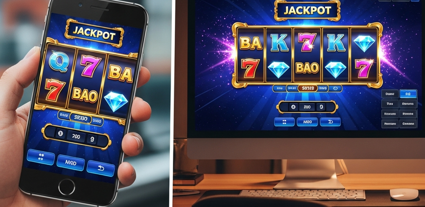 Dynamic split-screen image showcasing an identical, vibrant online slot game interface on both a sleek mobile phone in an on-the-go setting and a large desktop monitor in a home environment, illustrating the core gameplay parity between platforms.