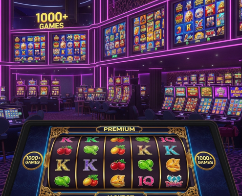 Vibrant, hyper-realistic online casino lobby displaying a vast array of over 1000 slot game thumbnails on glowing screens, with a close-up of a premium slot machine interface showing spinning reels and a 'JACKPOT' display, representing a Malaysian slot player's paradise.