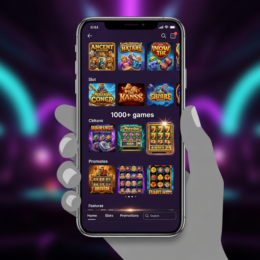 Showcases the mobile gaming application experience, emphasizing ease of access to a large game library on a smartphone.