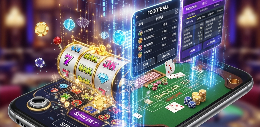 Dynamic digital interface of an all-in-one Malaysian online gambling platform, seamlessly integrating vibrant slot machine reels, an elegant live casino baccarat table, and a sports betting odds display, symbolizing convenience and instant fund transfers on a mobile device.
