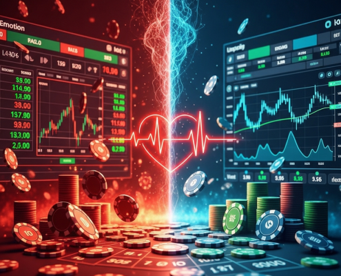 Split image showing a chaotic, red-toned digital betting interface on one side representing emotional betting, contrasted with a calm, blue-toned interface on the other representing logical, controlled betting.
