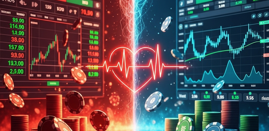 Split image showing a chaotic, red-toned digital betting interface on one side representing emotional betting, contrasted with a calm, blue-toned interface on the other representing logical, controlled betting.