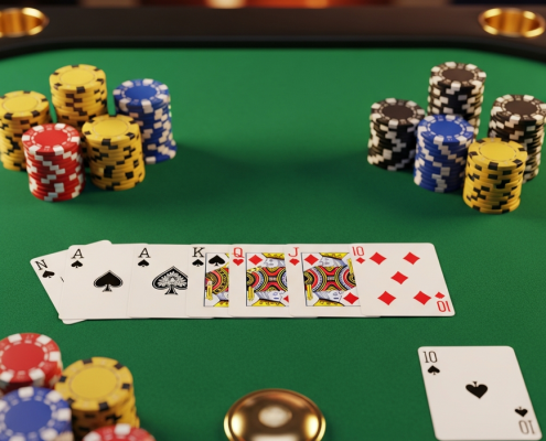 High-angle view of a luxurious Texas Hold'em poker table with community cards, hole cards, and generic casino chips, set in a premium online casino atmosphere.