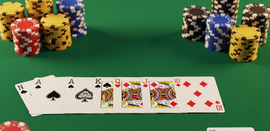 High-angle view of a luxurious Texas Hold'em poker table with community cards, hole cards, and generic casino chips, set in a premium online casino atmosphere.