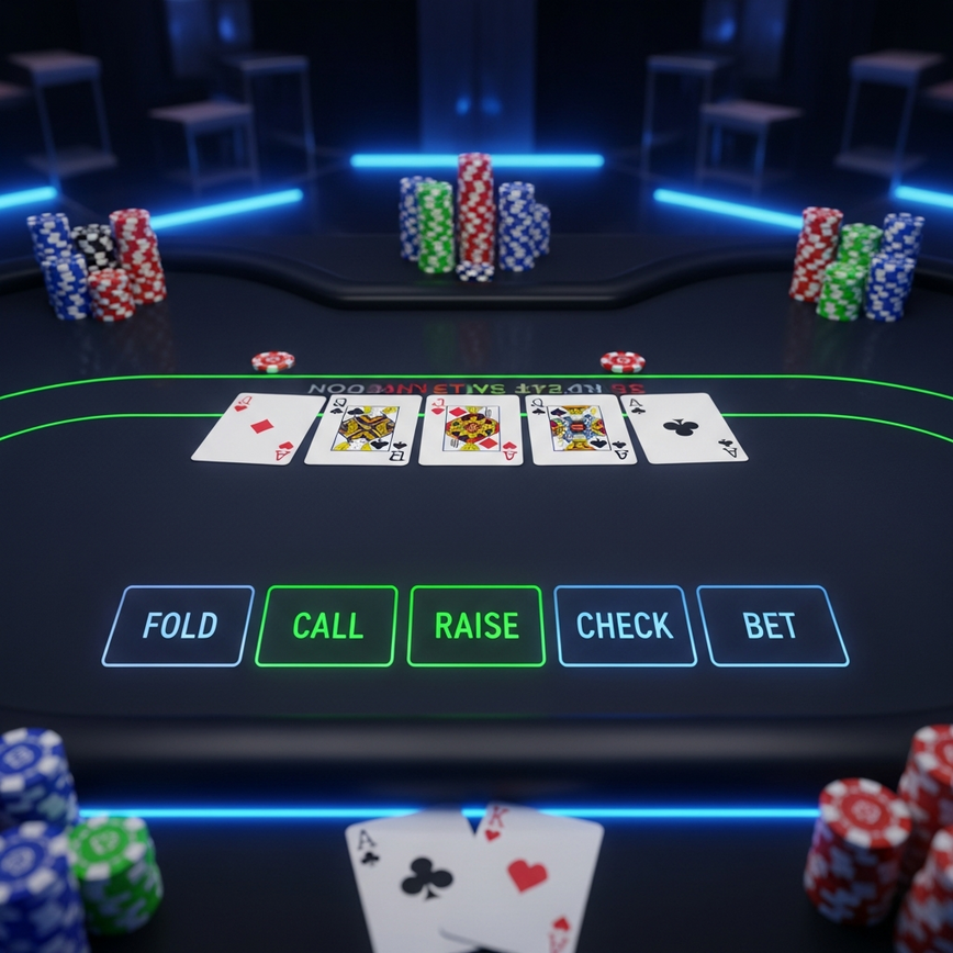 Depicts a modern online poker game interface, highlighting community cards, player's hand, chips, and betting action buttons for clarity.