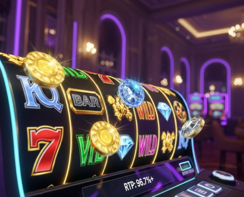 Vibrant online slot machine interface displaying spinning reels with high-value symbols and a prominent 96.5%+ RTP indicator, set against a luxurious online casino backdrop.