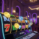 Vibrant online slot machine interface displaying spinning reels with high-value symbols and a prominent 96.5%+ RTP indicator, set against a luxurious online casino backdrop.