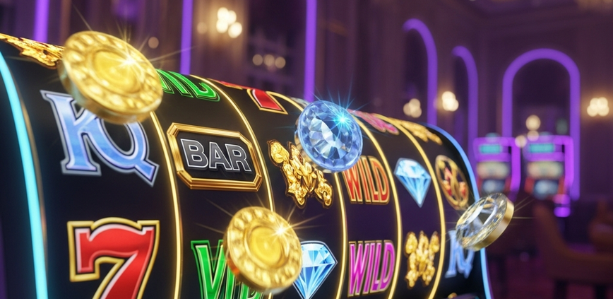 Vibrant online slot machine interface displaying spinning reels with high-value symbols and a prominent 96.5%+ RTP indicator, set against a luxurious online casino backdrop.