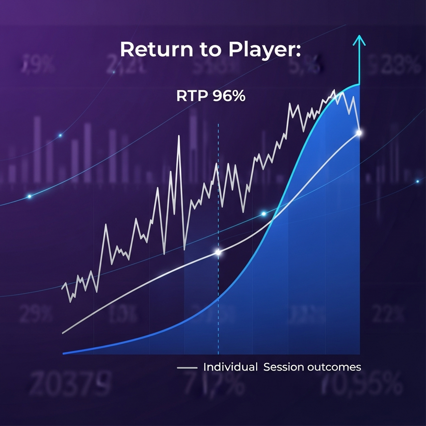 Illustrate the concept of RTP (Return to Player) as a long-term mathematical average, contrasting it with short-term session outcomes.
