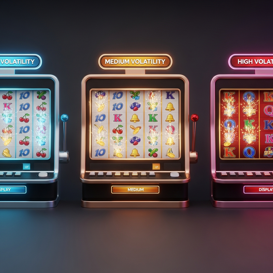 Visualize the concept of volatility (low, medium, high) in slot games, showing its impact on win frequency and payout size, complementing the RTP discussion.