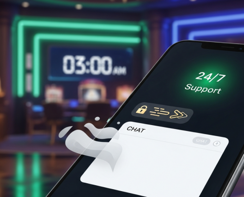 Sleek mobile online casino interface with an active 24/7 live chat window, symbolizing round-the-clock customer support and quick problem resolution in a premium digital environment.