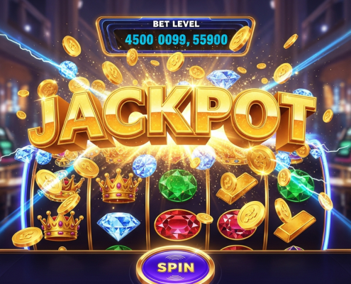 Vibrant progressive jackpot slot machine interface showing a massive 'JACKPOT' win with cascading gold coins and sparkling symbols on a premium online casino platform.