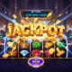 Vibrant progressive jackpot slot machine interface showing a massive 'JACKPOT' win with cascading gold coins and sparkling symbols on a premium online casino platform.