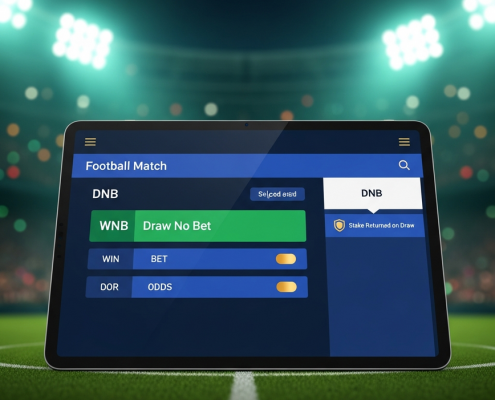 Modern online sports betting interface on a tablet, highlighting a 'Draw No Bet' market with a 'Stake Returned on Draw' feature, set against a blurred football stadium background, symbolizing safe betting.