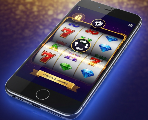 Sleek smartphone displaying a vibrant and secure online casino app interface with spinning slot reels, security icons, and a premium digital backdrop, representing safe mobile gaming in Malaysia.