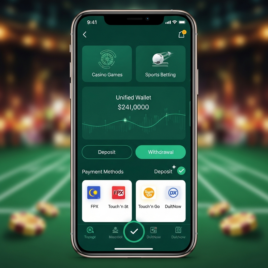 重点展示单一综合在线游戏平台的优势，聚焦于统一的资金管理、无缝的移动体验以及为马来西亚玩家提供的安全支付集成。