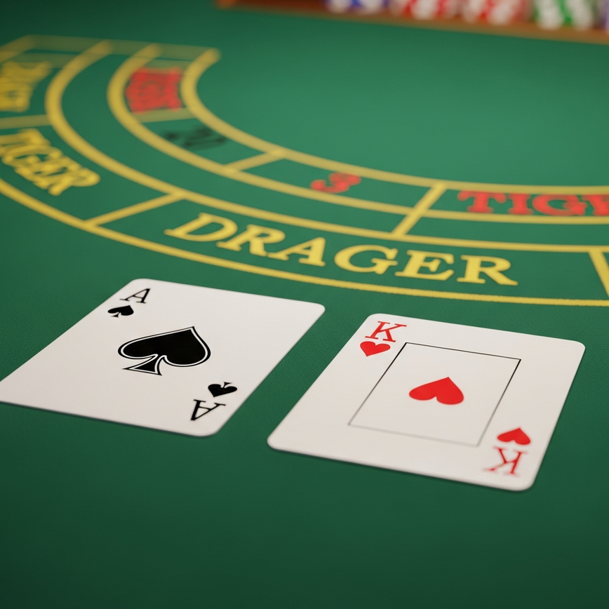 Illustrate the core gameplay of Dragon Tiger, showing the Dragon and Tiger cards dealt on the table to explain the 'higher card wins' mechanic.