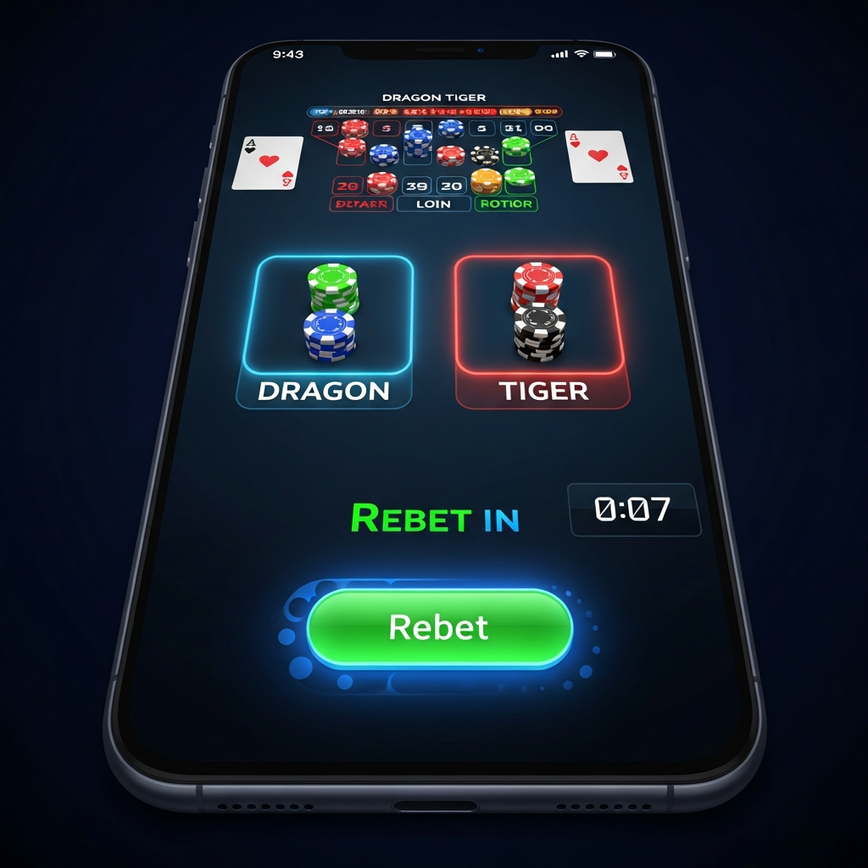 Highlight the fast-paced nature and mobile accessibility of Dragon Tiger, showing a user-friendly interface with quick betting options and a countdown timer.