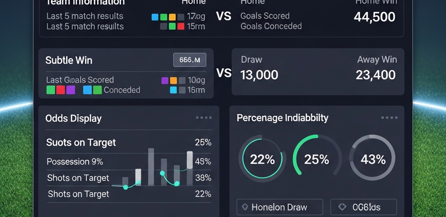 Sleek digital sports betting interface displaying football match odds and statistical insights comparing home and away team performance, with data visualizations and a subtle football field background.
