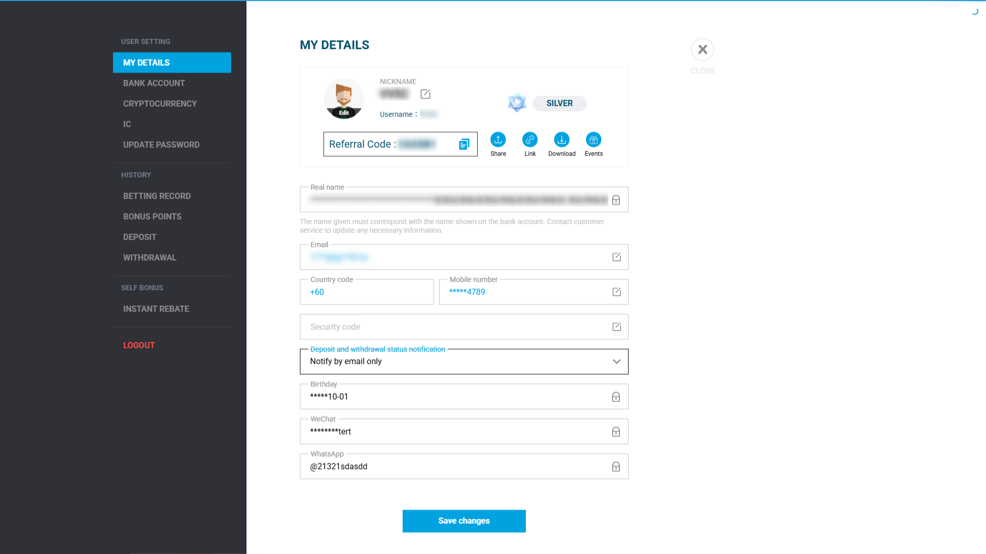 iBET My Details Profile Page with Sidebar Navigation