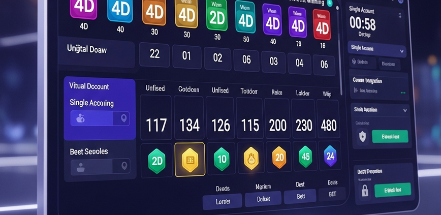 A sleek digital interface of a multi-provider 4D lottery platform, displaying dynamic draw results, countdown timers, and generic lottery provider icons, representing unified access and convenience.