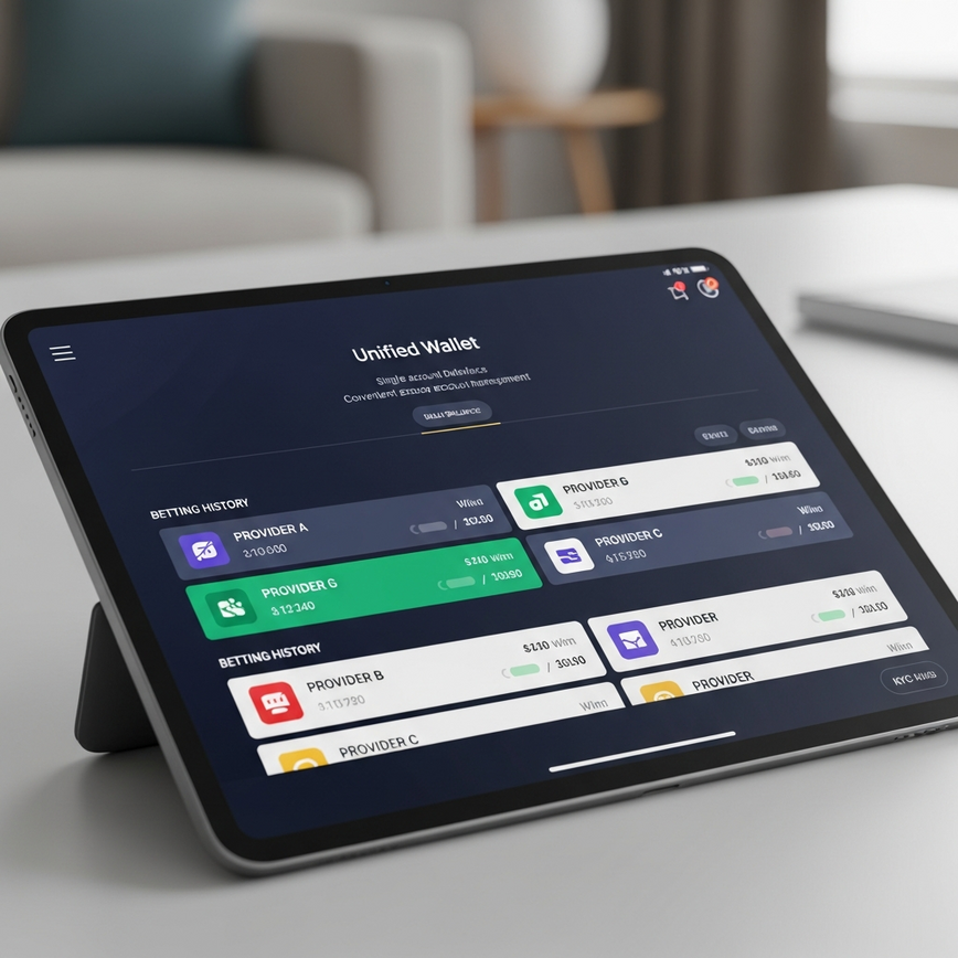 Illustrates the 'Single Account, Multiple Opportunities' concept, showing a unified digital wallet and consolidated betting history across multiple 4D providers.
