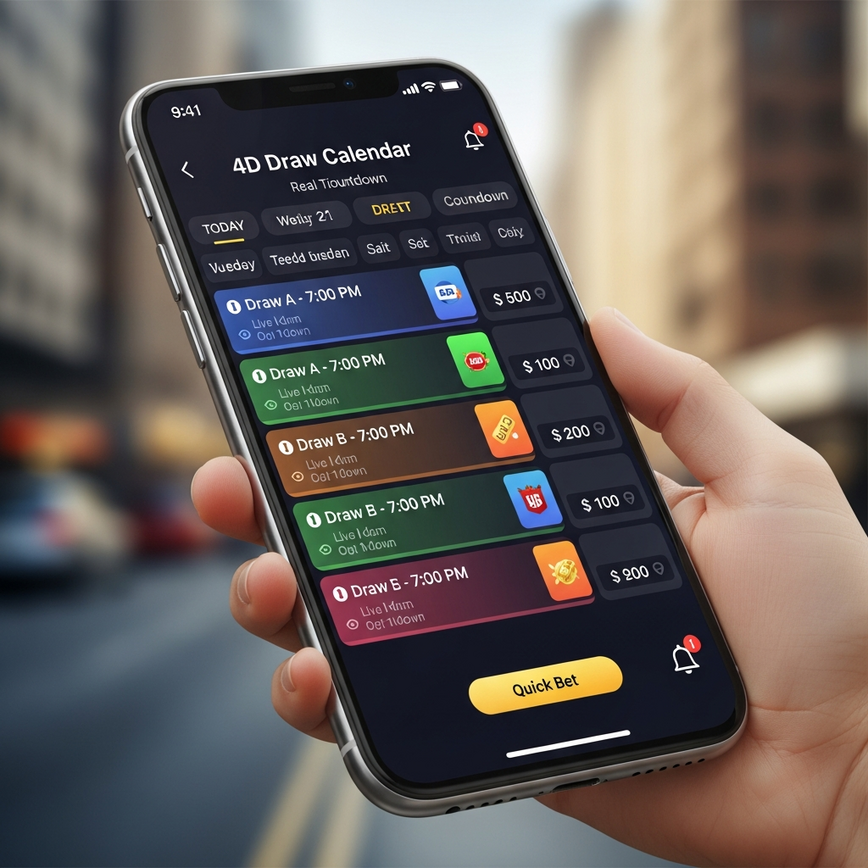 Illustrates the 'Mobile App Integration' and 'Advanced Draw Scheduling' features, showing a mobile phone displaying a comprehensive 4D draw calendar.