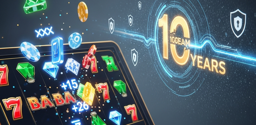 A secure and modern online casino platform interface, symbolizing a decade of trustworthiness and advanced security for Malaysian players, featuring dynamic slot reels and digital security icons.