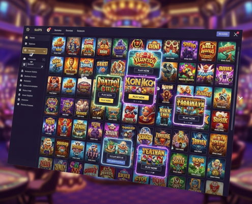 A vibrant, premium online casino lobby interface displaying a vast collection of diverse slot game thumbnails, emphasizing a high-quality and secure gaming experience for Malaysian players.