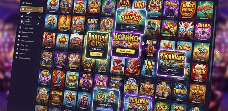 A vibrant, premium online casino lobby interface displaying a vast collection of diverse slot game thumbnails, emphasizing a high-quality and secure gaming experience for Malaysian players.